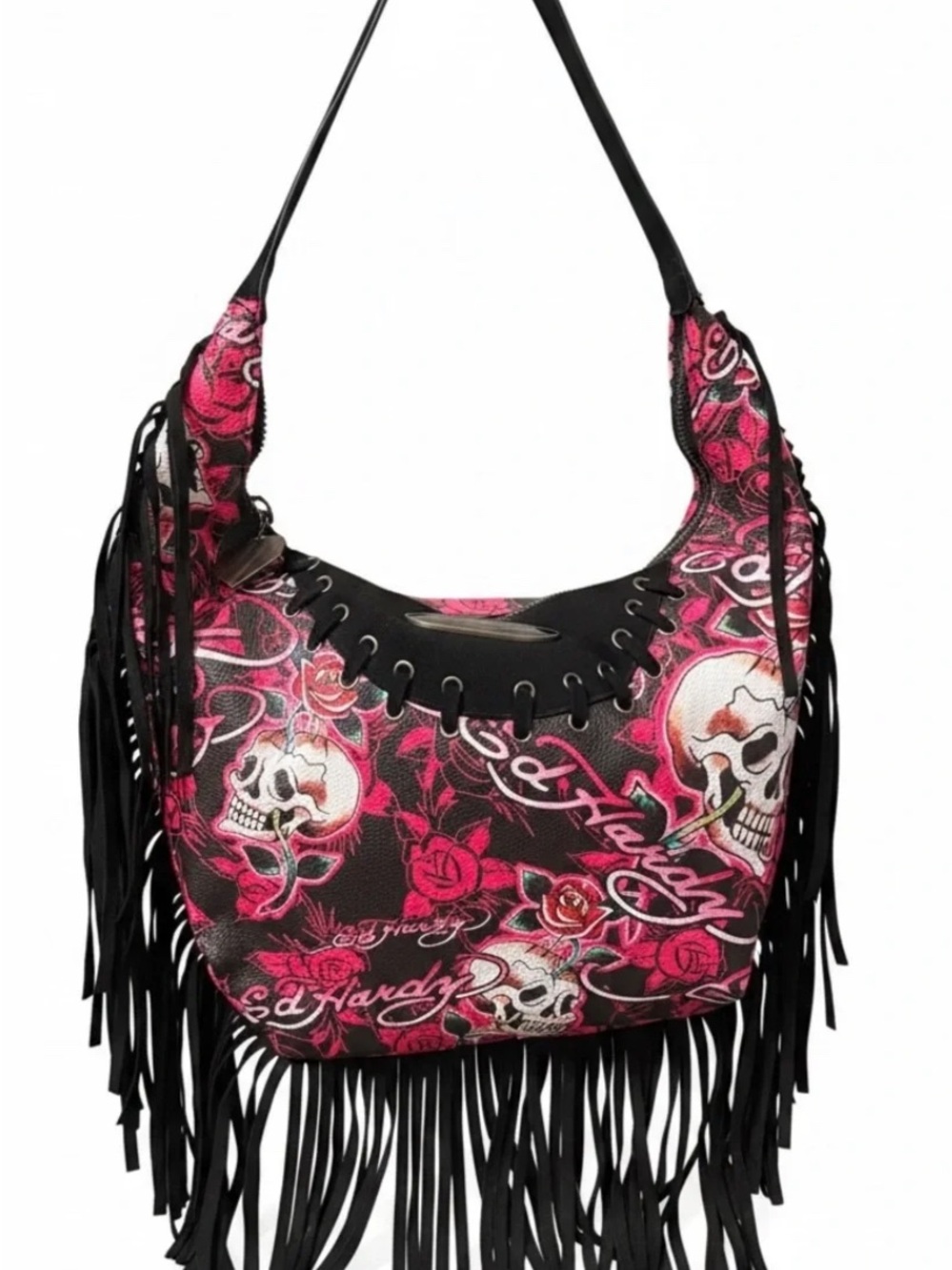 Ed Hardy Black and Pink Skull Fringe Hobo Shoulder Bag NWT